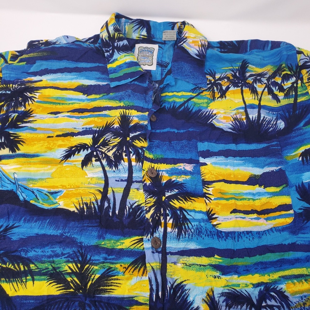 Ocean Current Shirt Mens L Vintage Blue Tropical Palm Tree Rayon Button Down